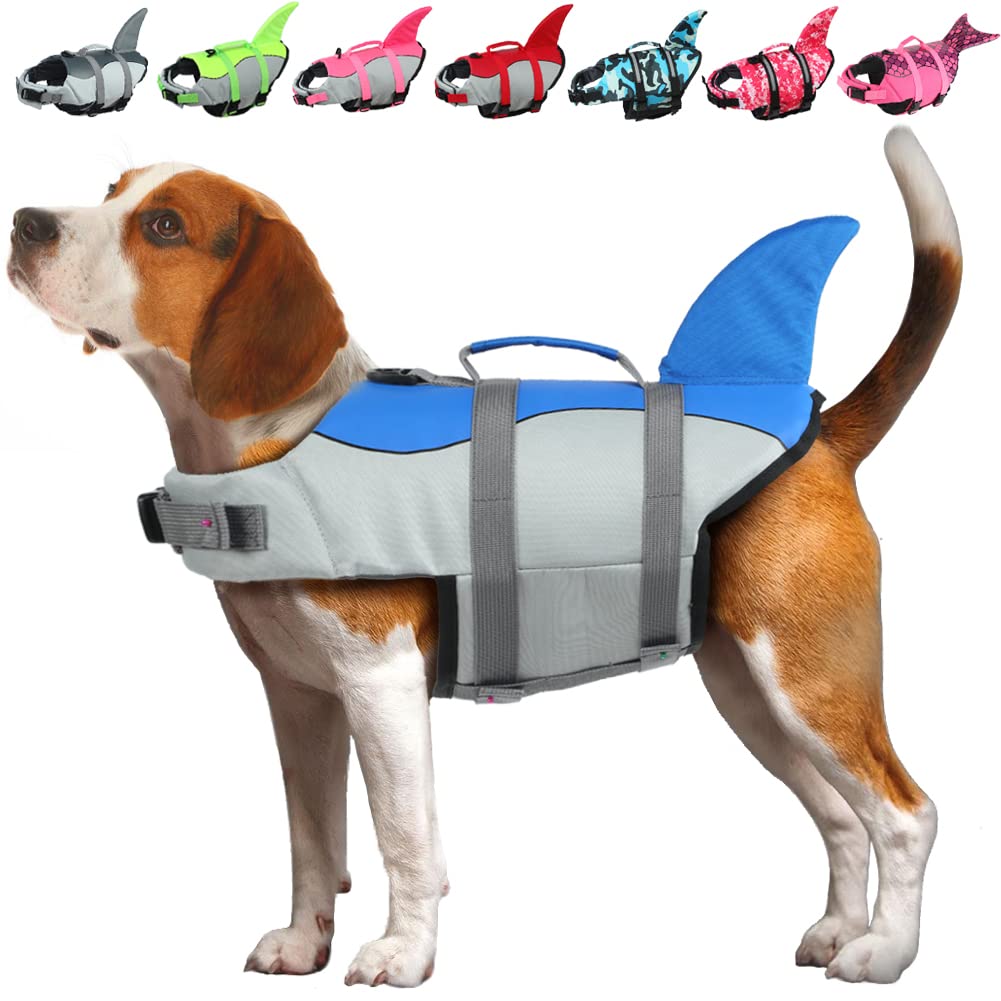 EMUST Dog Life Jacket Shark Dog Life Vests for Small Middle Large Dogs with Rescue Handle Dog Flotation Vest Safety Lifesaver for Swimming Pool Beach Boating (SBlue)